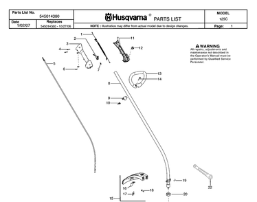 Handle And Controls Diagram and Parts List for 125C 20071300001-20082200000 Husqvarna Edger