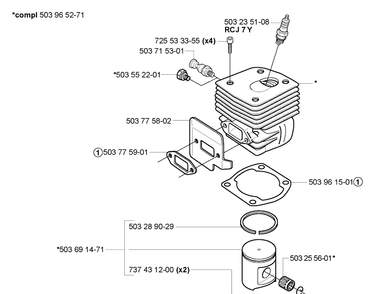 Cylinder Piston Diagram and Parts List for 362XP 2005-05 Husqvarna Chainsaw