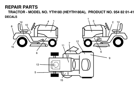 Decals Diagram and Parts List for YTH180 (954820141-A)(1998-12) Husqvarna Lawn Tractor