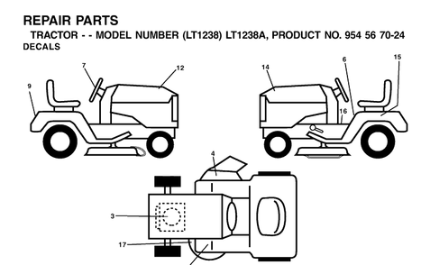 Decals Diagram and Parts List for LT1238-LT1238A 2000-10 Husqvarna Lawn Tractor