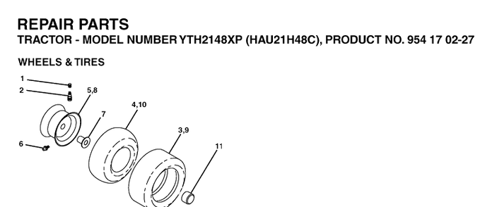 Wheels And Tires Diagram and Parts List for YTH2148XP (HAU21H48C)(2005-05) Husqvarna Lawn Tractor