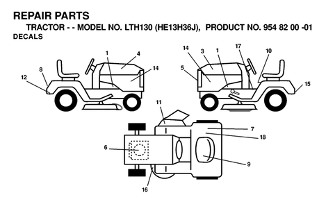Decals Diagram and Parts List for LTH130 (954820001-J)(2000-03) Husqvarna Lawn Tractor
