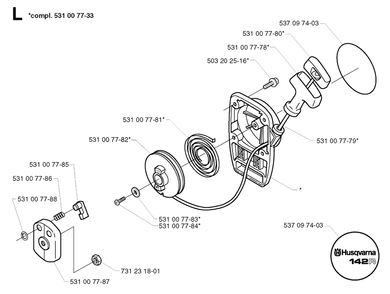 Starter Diagram and Parts List for 142R 20001900001 & Above Husqvarna Trimmer