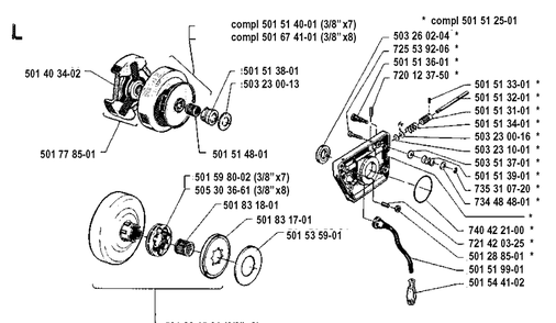 Clutch And Oil Pump Diagram and Parts List for 61 19910900001-19933600000 Husqvarna Chainsaw