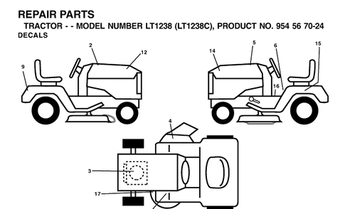 Decals Diagram and Parts List for LT1238-LT1238C 2001-10 Husqvarna Lawn Tractor