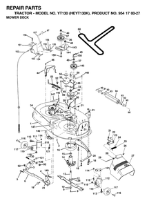 Mower Deck / Cutting Deck Diagram and Parts List for YT130 (954170027-K)(2000-03) Husqvarna Lawn Tractor