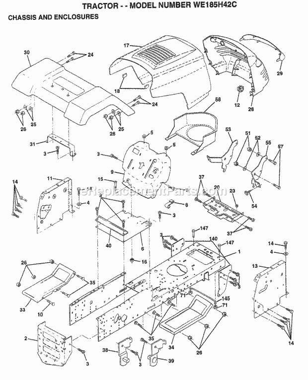 Chassis And Enclosures Diagram and Parts List for WE185H42C 1997 Husqvarna Lawn Tractor