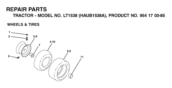 Wheels And Tires Diagram and Parts List for LT1538 (954170085-A)(2003-01) Husqvarna Lawn Tractor