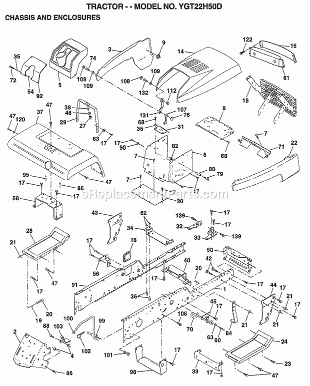 Chassis And Enclosures Diagram and Parts List for YGT22H50D 1999 Husqvarna Lawn Tractor