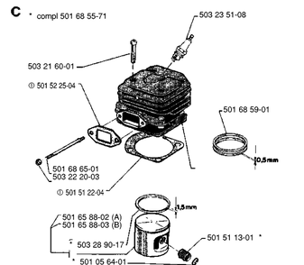 Cylinder Piston Diagram and Parts List for 266  Husqvarna Chainsaw