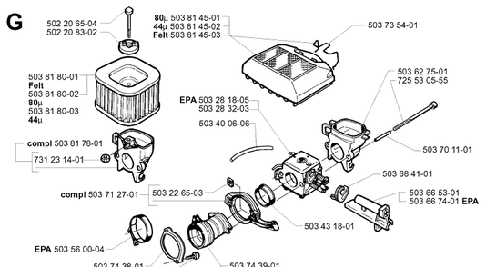 Carburetor And Air Filter Diagram and Parts List for 365 20020100001-20034400000 Husqvarna Chainsaw