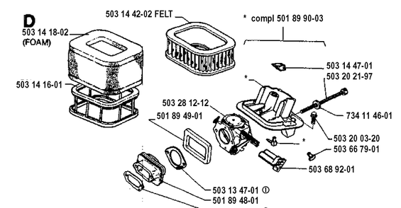 Carburetor And Air Filter Diagram and Parts List for 3120 19942300001-19960100000 Husqvarna Chainsaw