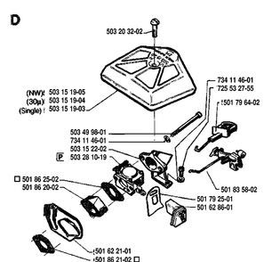Carburetor And Air Filter Diagram and Parts List for 42 19920900001-19941400000 Husqvarna Chainsaw