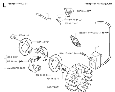 Ignition System And Clutch Diagram and Parts List for 326C 20020500001-20023100000 Husqvarna Edger