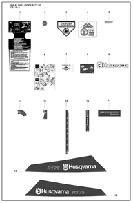 Decals Diagram and Parts List for R175 2008-05 Husqvarna Lawn Tractor