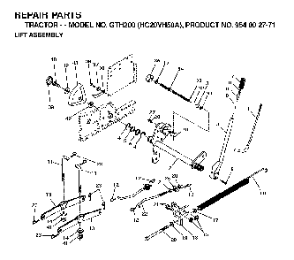 Mower Lift / Deck Lift Diagram and Parts List for GTH200 (HC20VH50A, 954002771)(1996-04) Husqvarna Lawn Tractor
