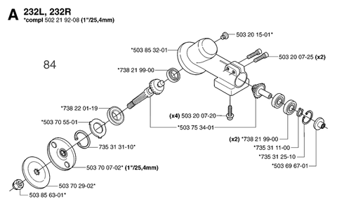 Bevel Gear Diagram and Parts List for 232R 20144900001 & Above Husqvarna Trimmer