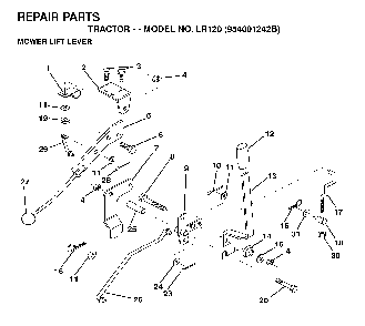 Mower Lift Lever Diagram and Parts List for LR120 (954001242B)(1995-02) Husqvarna Lawn Tractor