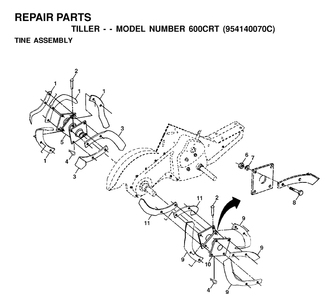 Tine Assembly Diagram and Parts List for 600CRT (954140070C)(1999-09) Husqvarna Cultivator