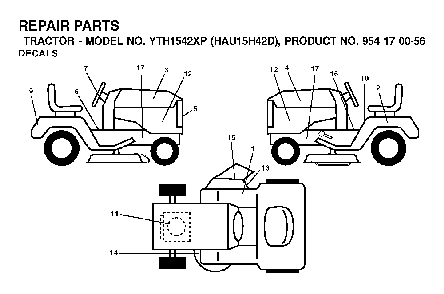 Decals Diagram and Parts List for YTH1542XP (HAU15H42D, 954170056)(2003-01) Husqvarna Lawn Tractor