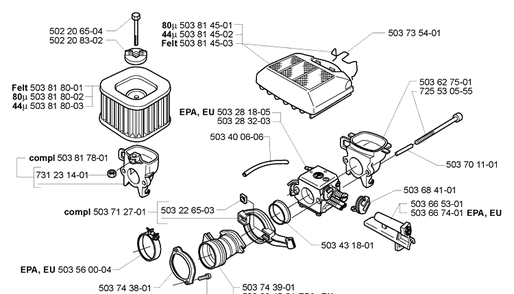 Air Filter / Carburetor Diagram and Parts List for 365EPA 2005-05 Husqvarna Chainsaw