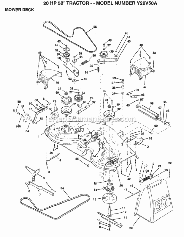 20 Hp 50" Mower Deck Diagram and Parts List for Y20V50A 1994 Husqvarna Lawn Tractor