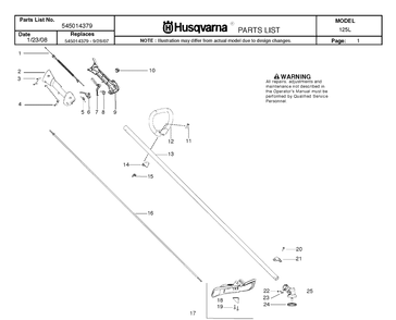 Shaft And Handle Diagram and Parts List for 125L 20082200001-Current Husqvarna Edger