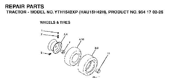 Wheels And Tires Diagram and Parts List for YTH1542XP (HAU15H42H, 954170225)(2004-09) Husqvarna Lawn Tractor