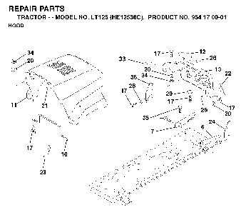 Hood Diagram and Parts List for LT125 (HE12536C, 954170001)(1996-01) Husqvarna Lawn Tractor