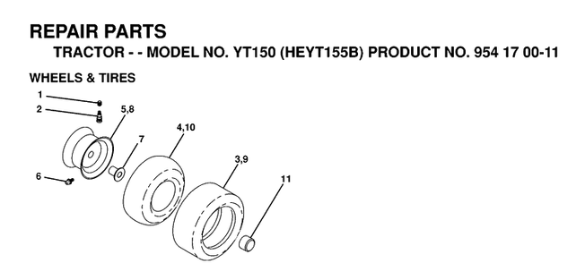 Wheels And Tires Diagram and Parts List for YT150 (HEYT155B)(1998-12) Husqvarna Lawn Tractor