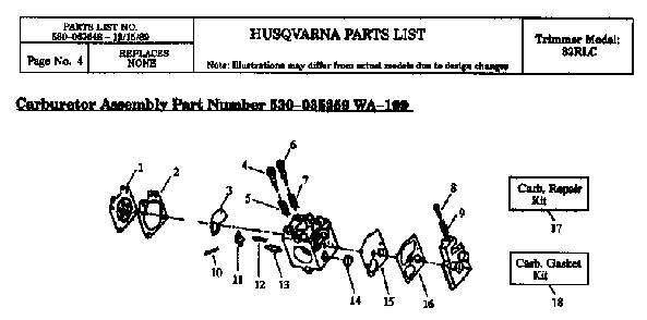 Carburetor Details Diagram and Parts List for 32RLC 1990-01 Husqvarna Brush Cutter