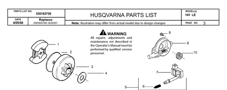 Clutch And Oil Pump Diagram and Parts List for 141LE 2008-06 Husqvarna Chainsaw