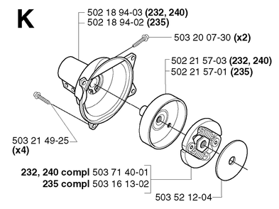 Clutch Diagram and Parts List for 240RJ 20023500001 & Above Husqvarna Trimmer