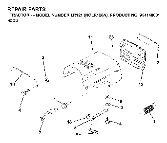 Hood Diagram and Parts List for LR121 (HCLR120A, 954140001)(1996-08) Husqvarna Lawn Tractor