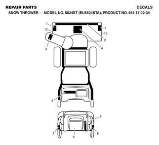 Decals Diagram and Parts List for 5524ST (954170234-A)(2004-09) Husqvarna Snow Blower
