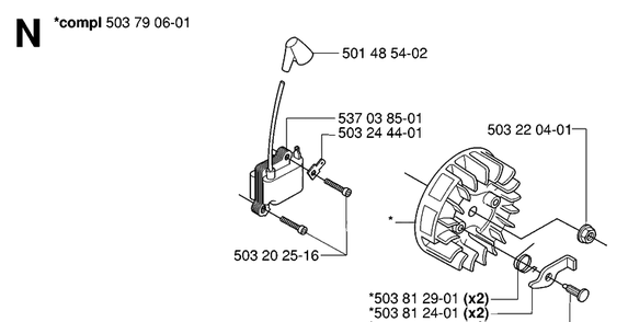 Ignition System Diagram and Parts List for 232R 20061400001-20144900000 Husqvarna Brush Cutter
