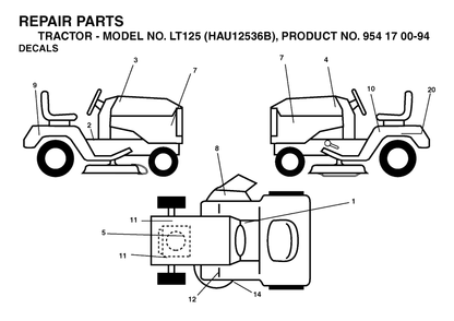Decals Diagram and Parts List for LT125 (954170094-B)(2003-01) Husqvarna Lawn Tractor