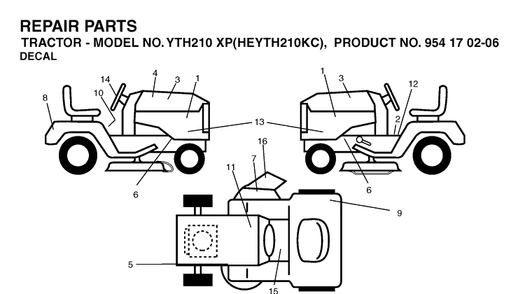 Decals Diagram and Parts List for YTH210XP (HEYTH210KC)(2004-06) Husqvarna Lawn Tractor