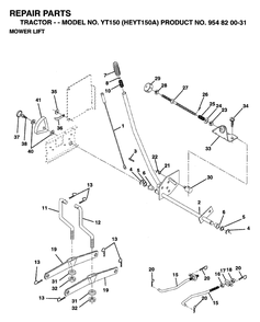 Mower Lift / Deck Lift Diagram and Parts List for YT150 (954820031-A)(1996-01) Husqvarna Lawn Tractor