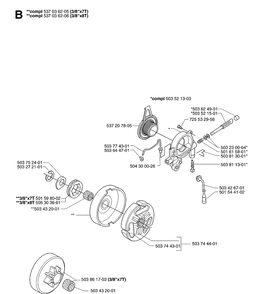 Clutch And Oil Pump Diagram and Parts List for 365 20070900001-20101800000 Husqvarna Chainsaw