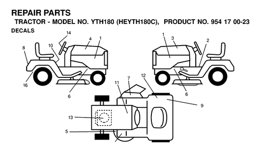 Decals Diagram and Parts List for YTH180 (HEYTH180C)(2000-03) Husqvarna Lawn Tractor