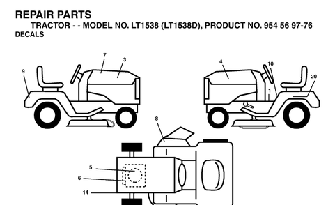 Decals Diagram and Parts List for LT1538-LT1538D 2003-01 Husqvarna Lawn Tractor