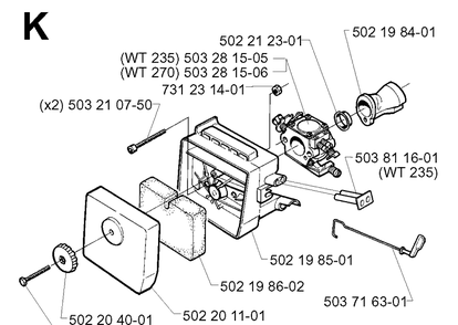 Carburetor And Air Filter Diagram and Parts List for 232L 19980100001-20001400000 Husqvarna Edger