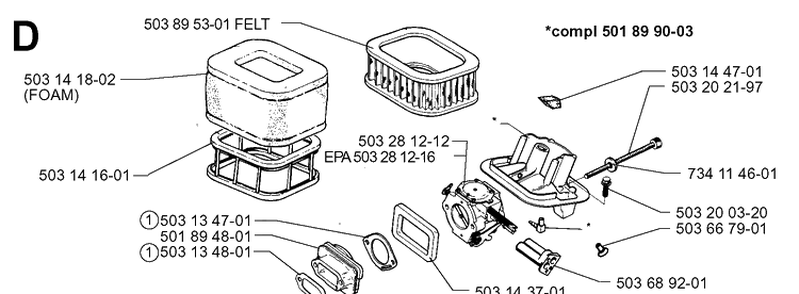 Carburetor And Air Filter Diagram and Parts List for 3120 19980900001-20000600000 Husqvarna Chainsaw
