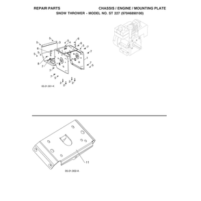 Chassis/Engine/Mounting Plate Diagram and Parts List for ST227-970528702  Husqvarna Snow Blower