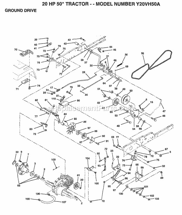 20 Hp 50" Ground Drive Diagram and Parts List for Y20VH50A 1994 Husqvarna Lawn Tractor