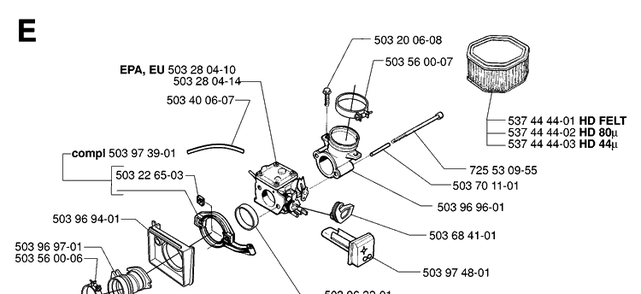 Carburetor And Air Filter Diagram and Parts List for 395XP/ (XPG)(20070100001-20102299999) Husqvarna Chainsaw