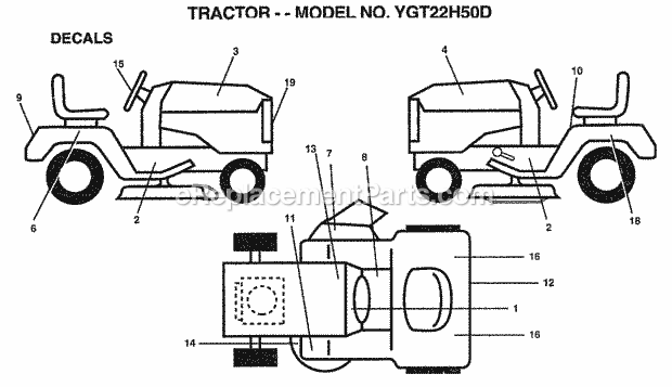 Decals Diagram and Parts List for YGT22H50D 1999 Husqvarna Lawn Tractor