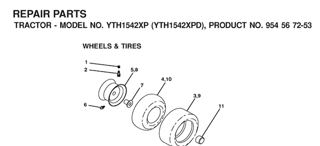 Wheels And Tires 2 Diagram and Parts List for YTH1542XP (954567253)(2001-12) Husqvarna Lawn Tractor