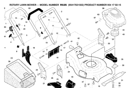 Frame And Engine Diagram and Parts List for R52S (95417021502)(2005-08) Husqvarna Lawn Mower